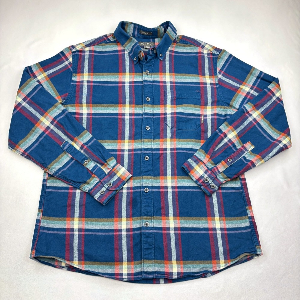 Eddie Bauer Mens Large Classic Fit Plaid Flannel Shirt Blue Red Long Sleeve L